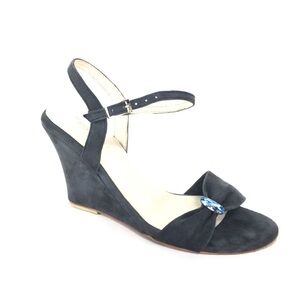 Matt Bernson Black Suede Crystal Bow Wedge Sandals | Size 37 | 3.5” Heel